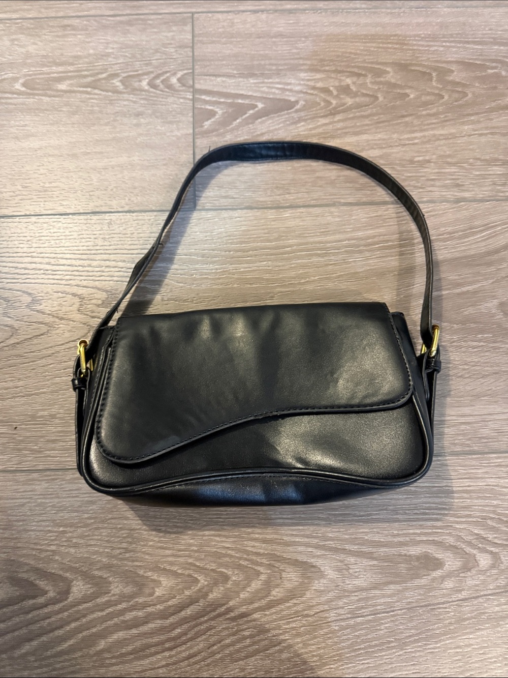 Minimal Black Shoulder Bag with Curved Flap